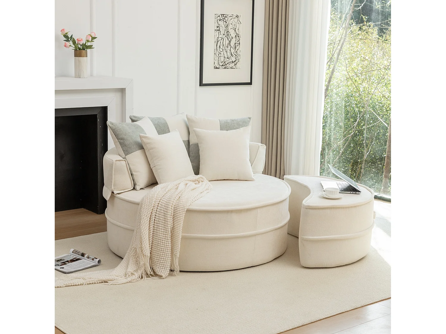 Canapé simple rond avec 5 coussins - Tissu chenille beige - Pour salon et chambre