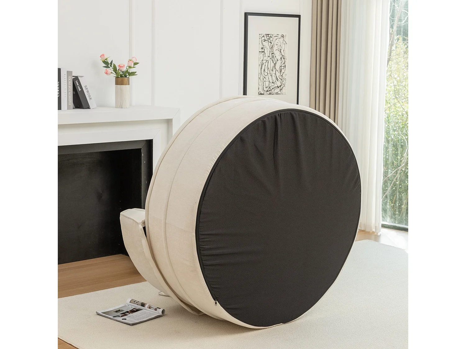 Canapé simple rond avec 5 coussins - Tissu chenille beige - Pour salon et chambre