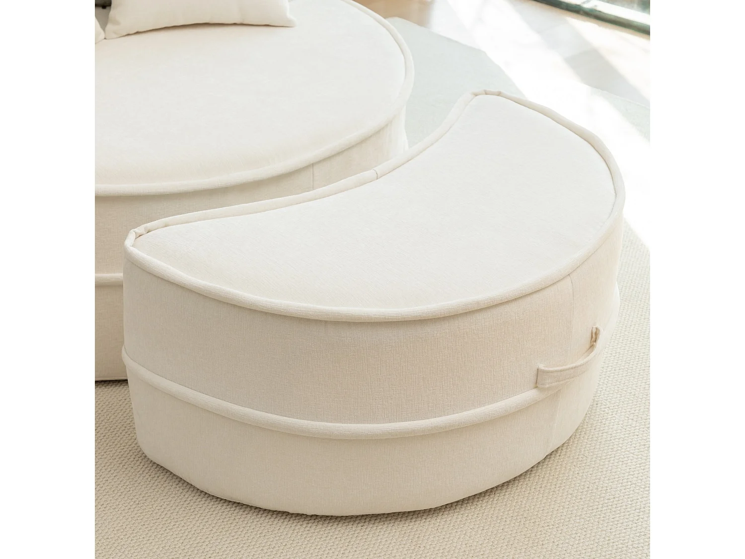 Canapé simple rond avec 5 coussins - Tissu chenille beige - Pour salon et chambre