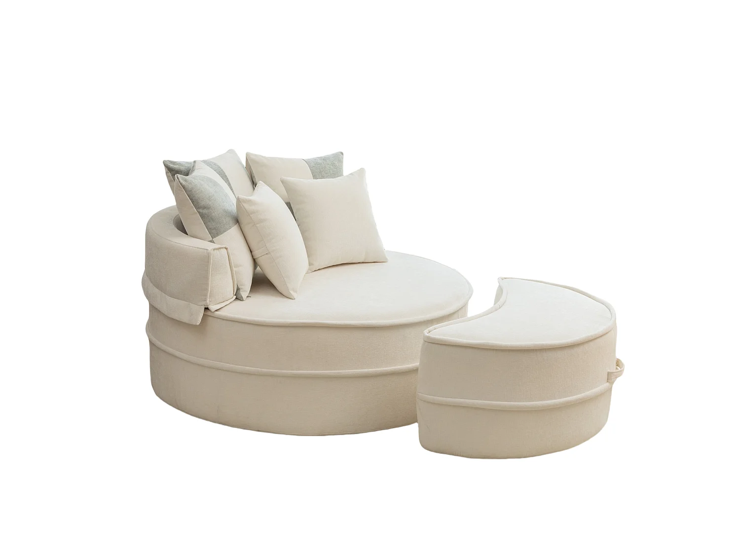 Canapé simple rond avec 5 coussins - Tissu chenille beige - Pour salon et chambre