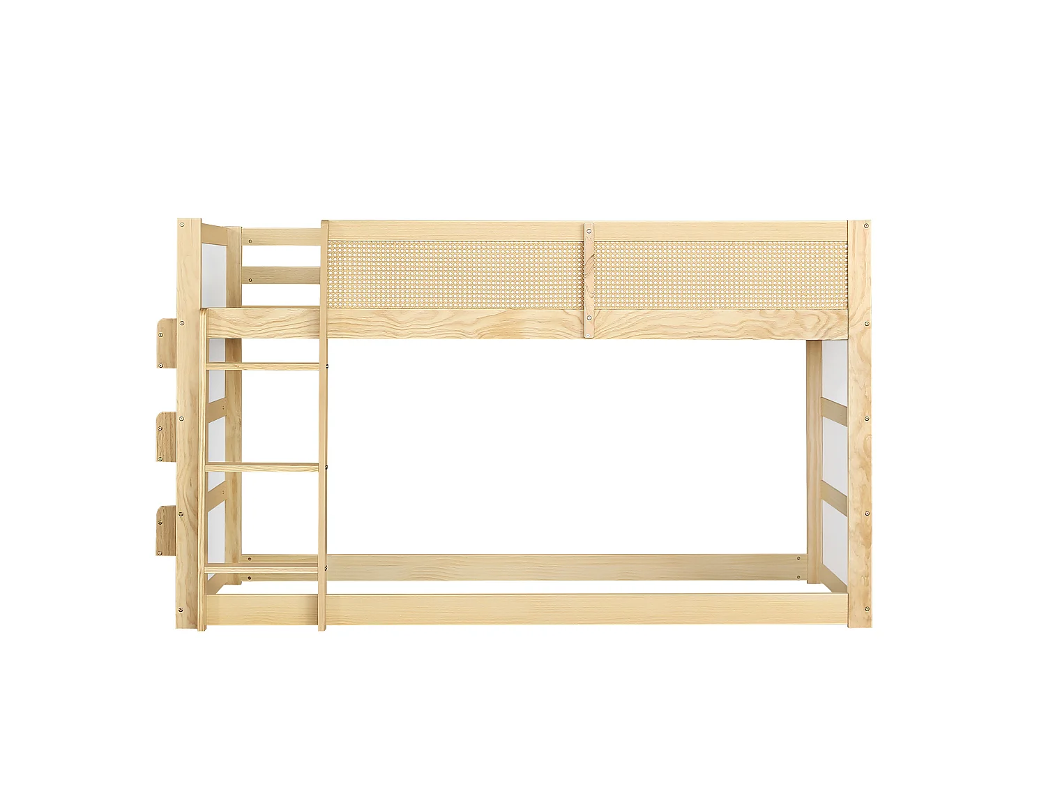 Lit superposé enfant 90 x 200 cm avec étagères et bande LED - Pin + MDF + tressage synthétique - Naturel et blanc
