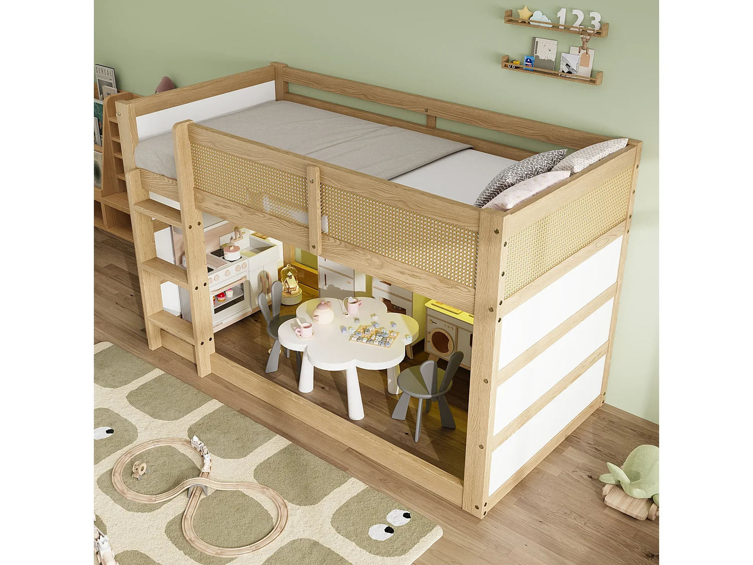 Lit superposé enfant 90 x 200 cm avec étagères et bande LED - Pin + MDF + tressage synthétique - Naturel et blanc
