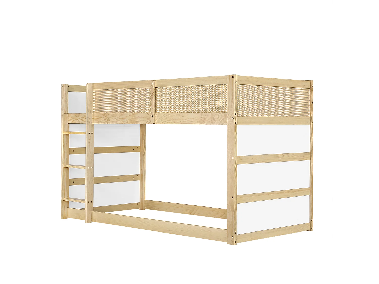 Lit superposé enfant 90 x 200 cm avec étagères et bande LED - Pin + MDF + tressage synthétique - Naturel et blanc