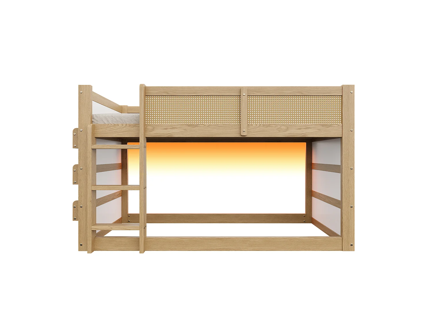 Lit superposé enfant 90 x 200 cm avec étagères et bande LED - Pin + MDF + tressage synthétique - Naturel et blanc