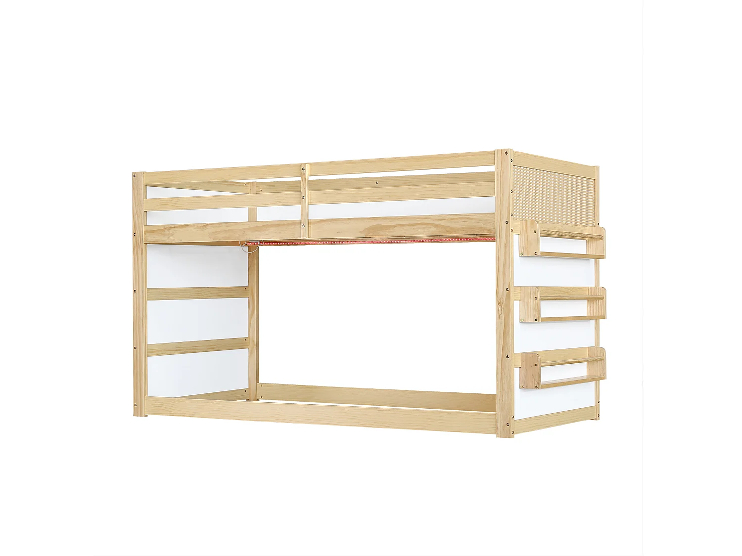 Lit superposé enfant 90 x 200 cm avec étagères et bande LED - Pin + MDF + tressage synthétique - Naturel et blanc