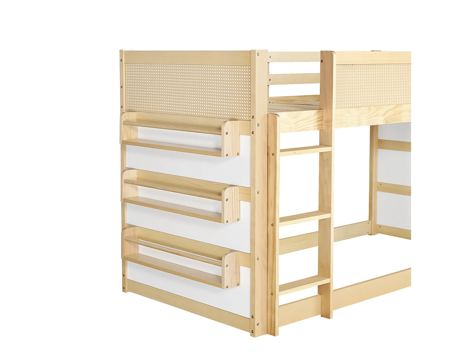 Lit superposé enfant 90 x 200 cm avec étagères et bande LED - Pin + MDF + tressage synthétique - Naturel et blanc