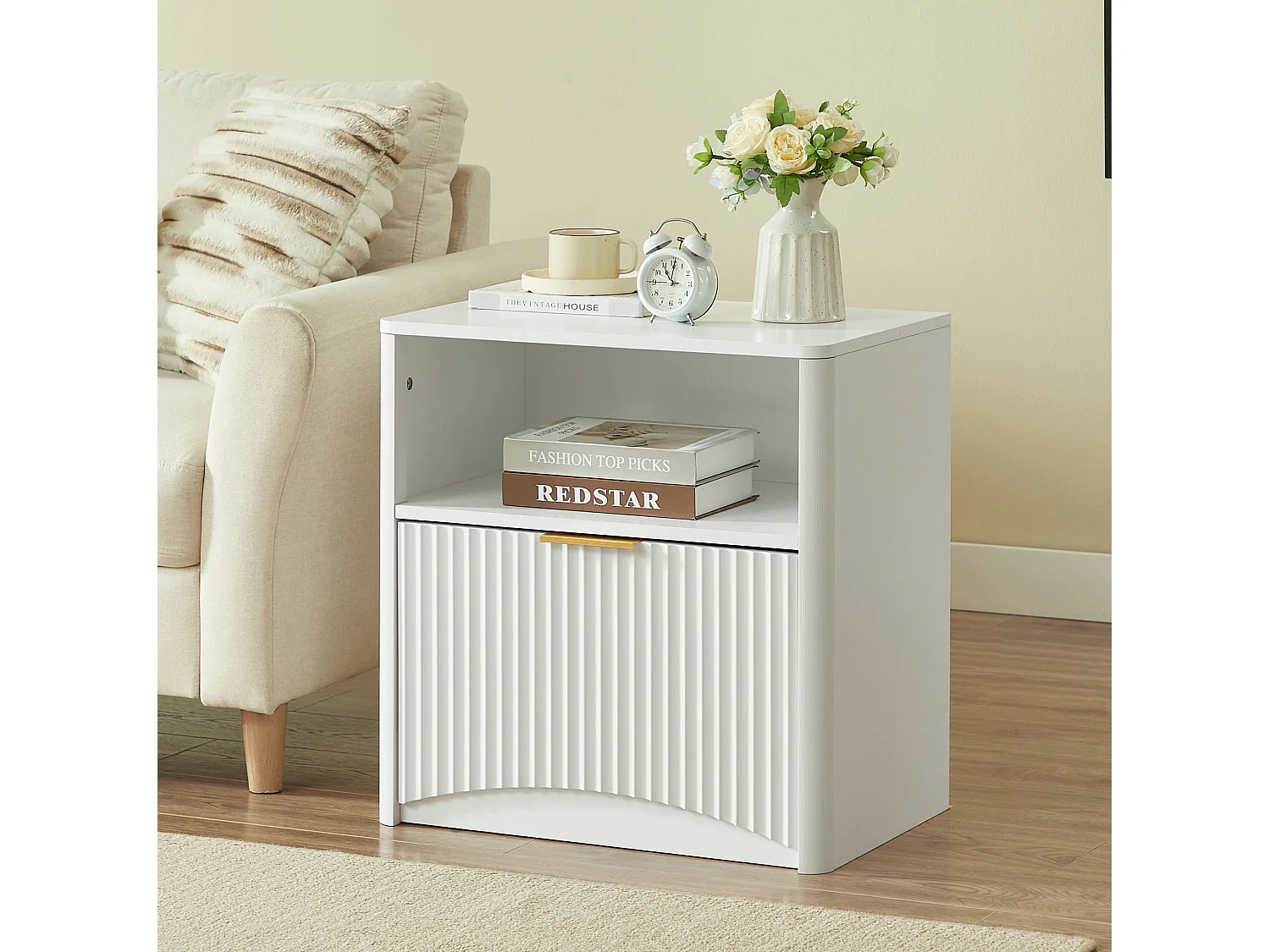 Table de chevet 58x38x60 cm avec tiroir et niche ouverte - Blanc