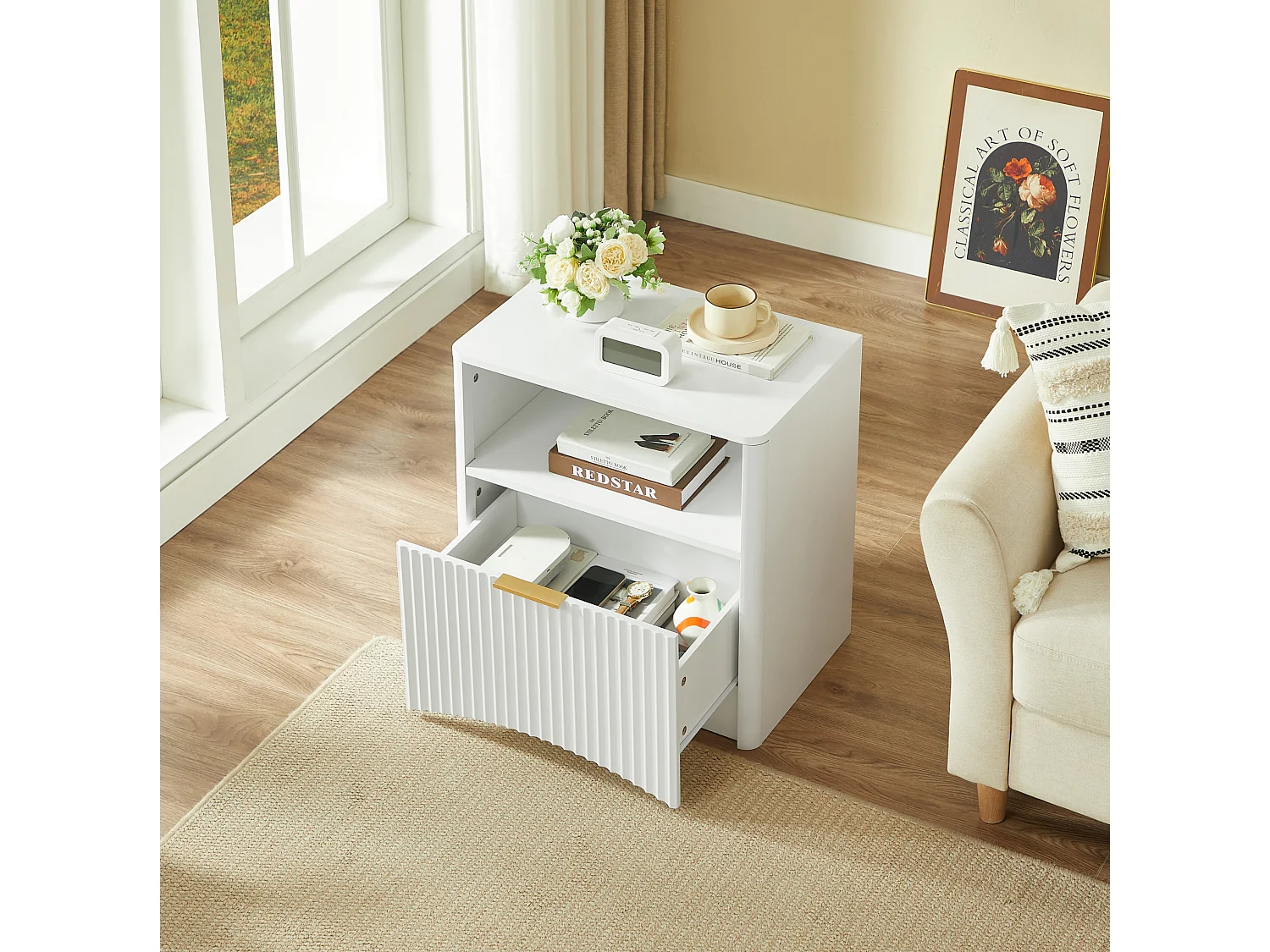 Table de chevet 58x38x60 cm avec tiroir et niche ouverte - Blanc