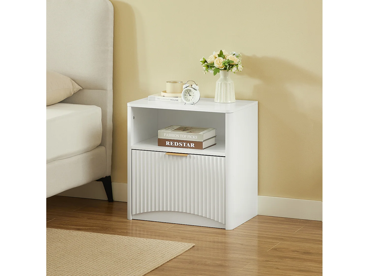 Table de chevet 58x38x60 cm avec tiroir et niche ouverte - Blanc