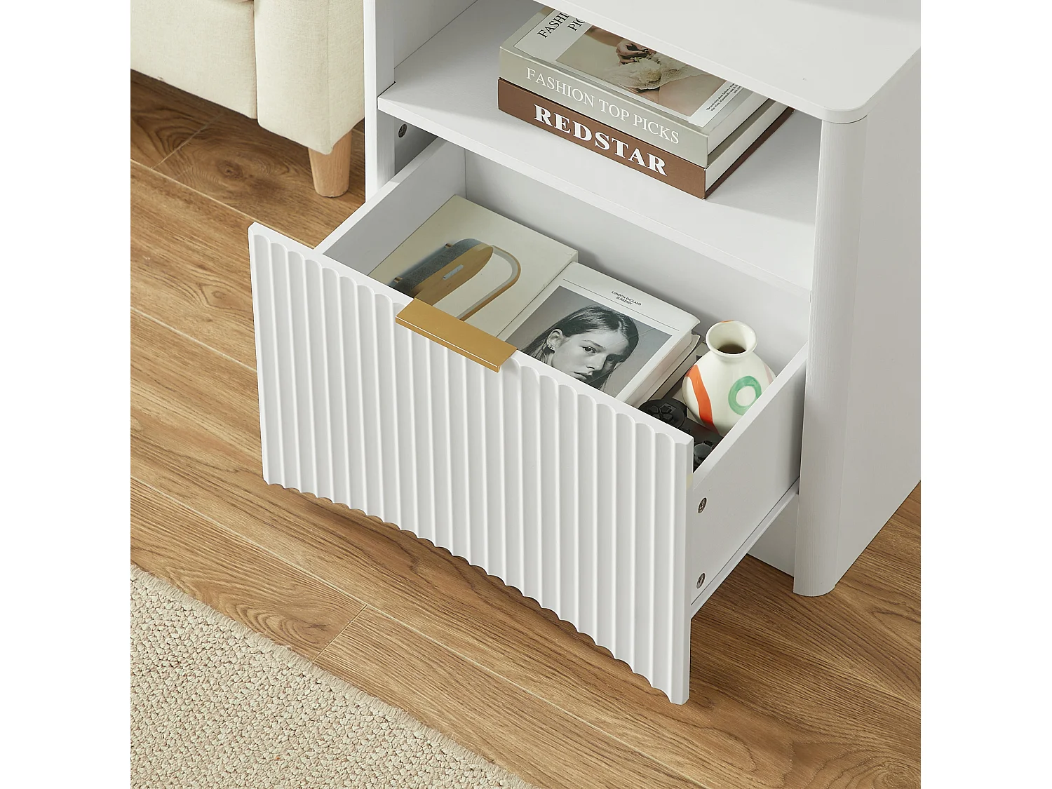 Table de chevet 58x38x60 cm avec tiroir et niche ouverte - Blanc