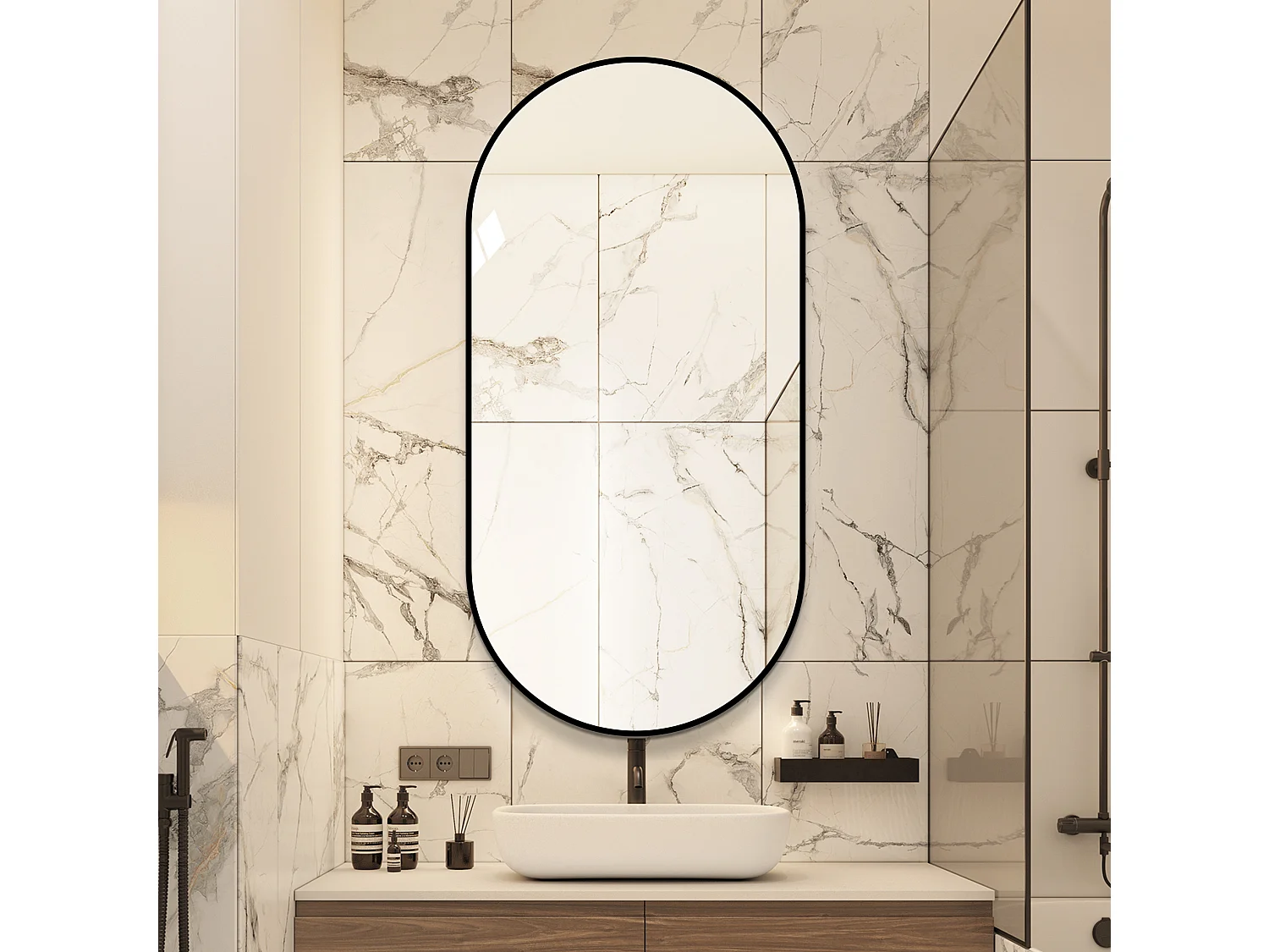 Boogvormige wandspiegel 60 x 120 cm met zwart aluminium frame – Zilveren spiegel