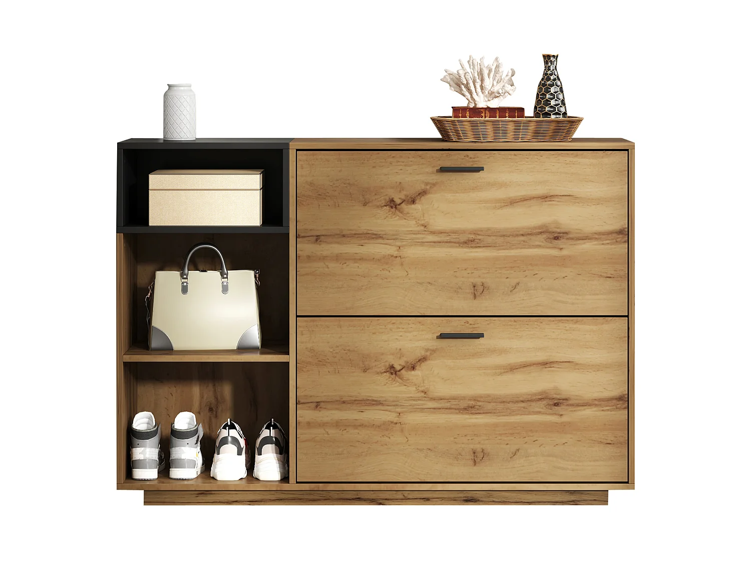 Meuble à chaussures en MDF avec 2 portes à battant - Fnition bois naturel et noir