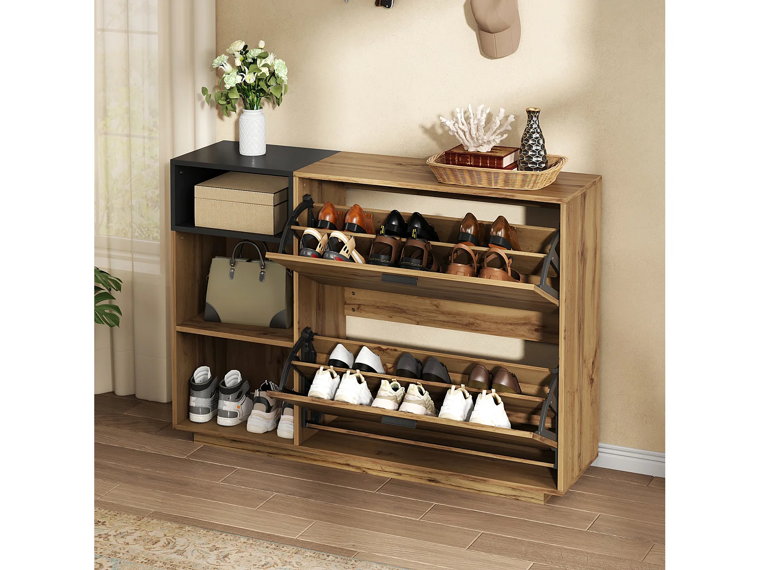 Meuble à chaussures en MDF avec 2 portes à battant - Fnition bois naturel et noir