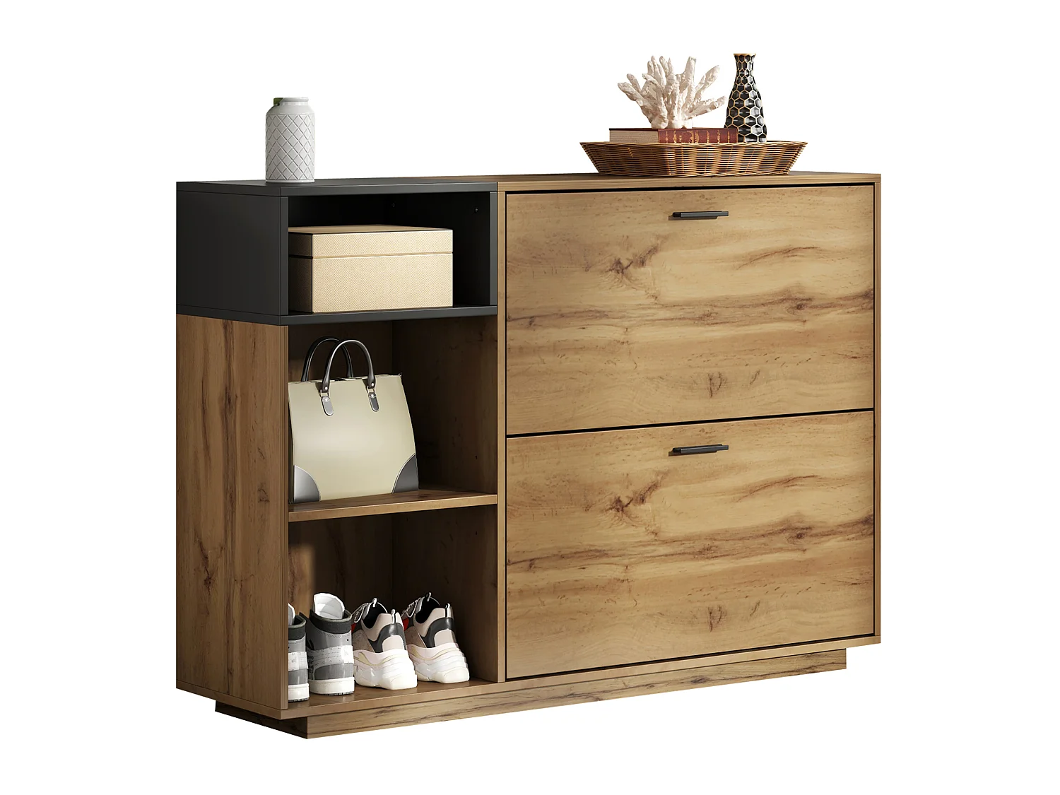 Meuble à chaussures en MDF avec 2 portes à battant - Fnition bois naturel et noir