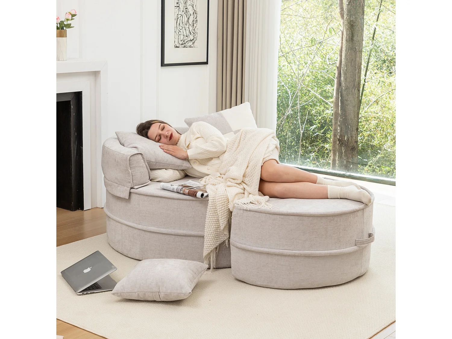 Canapé simple rond avec 5 coussins - Tissu chenille gris - Pour salon et chambre