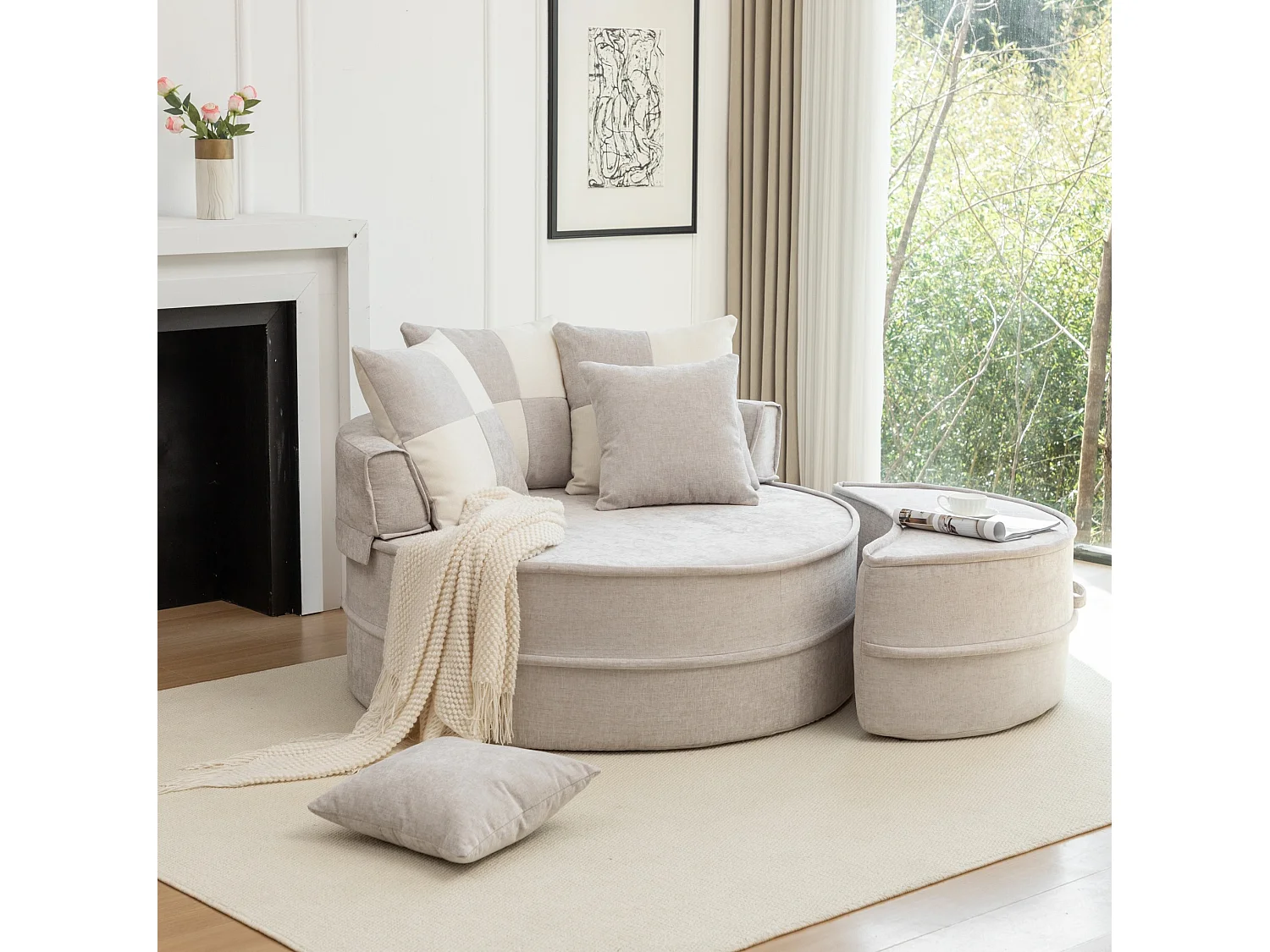 Canapé simple rond avec 5 coussins - Tissu chenille gris - Pour salon et chambre