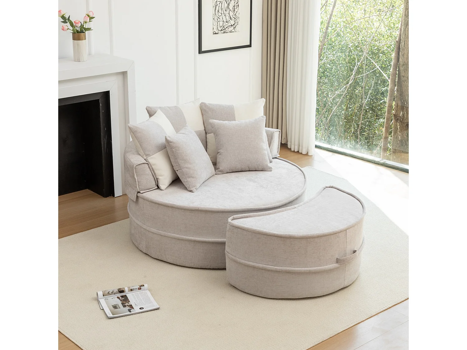 Canapé simple rond avec 5 coussins - Tissu chenille gris - Pour salon et chambre