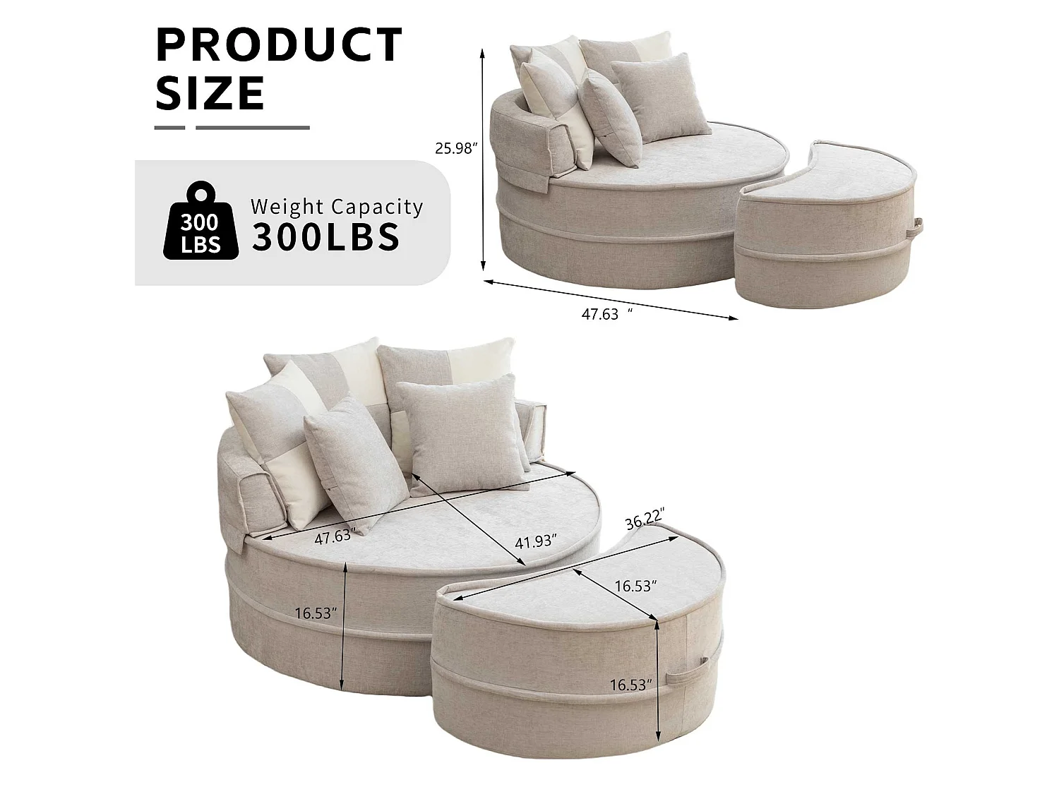 Canapé simple rond avec 5 coussins - Tissu chenille gris - Pour salon et chambre