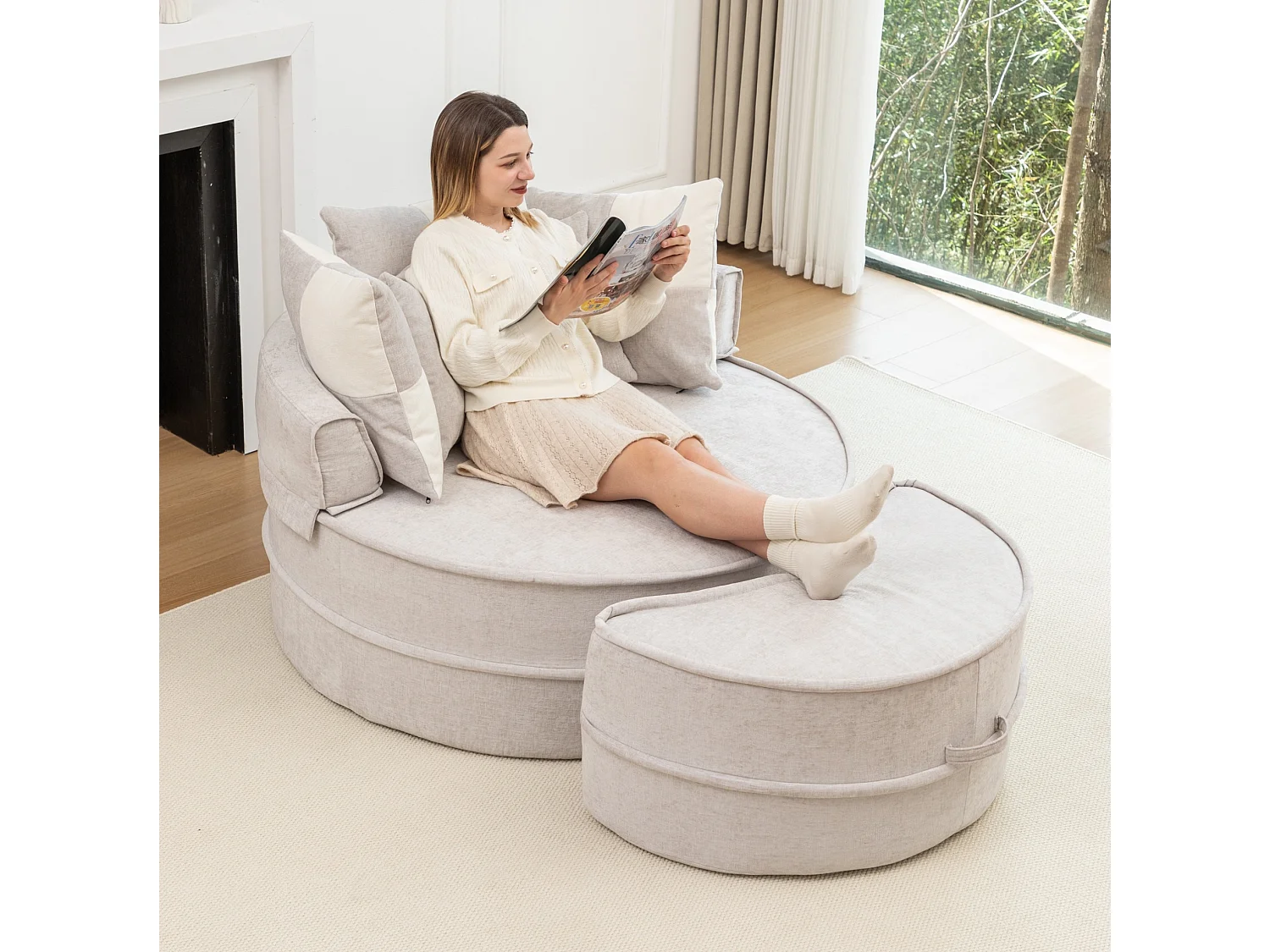 Canapé simple rond avec 5 coussins - Tissu chenille gris - Pour salon et chambre