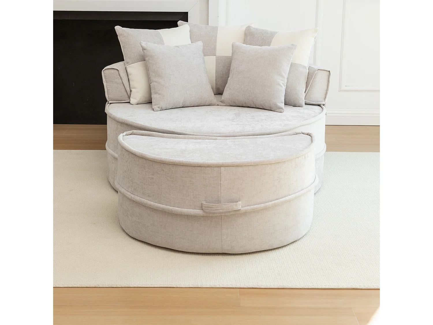 Canapé simple rond avec 5 coussins - Tissu chenille gris - Pour salon et chambre