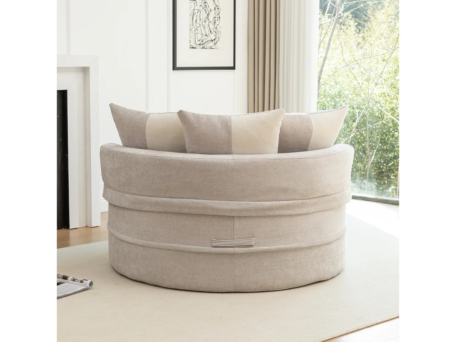 Canapé simple rond avec 5 coussins - Tissu chenille gris - Pour salon et chambre