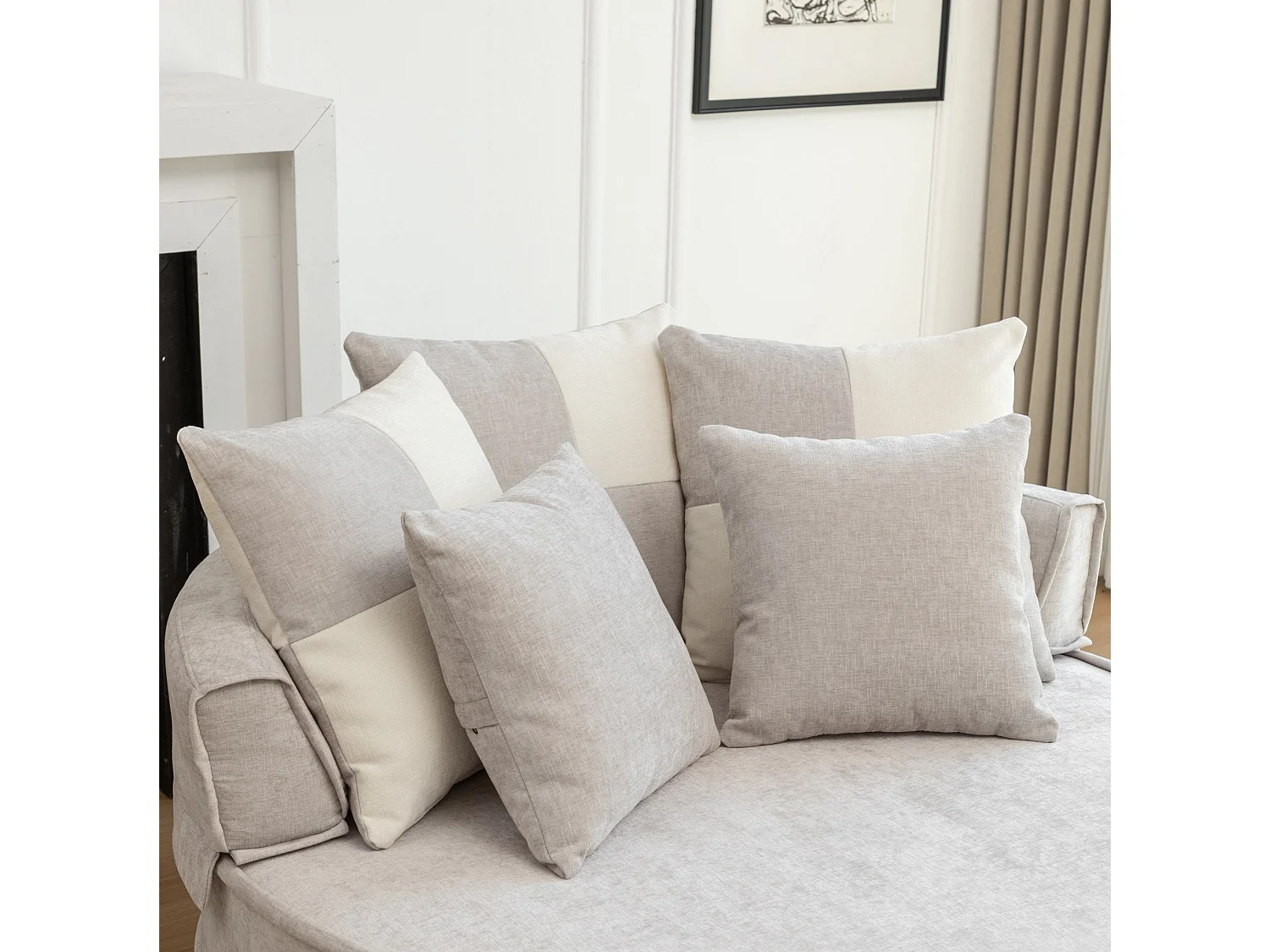 Canapé simple rond avec 5 coussins - Tissu chenille gris - Pour salon et chambre