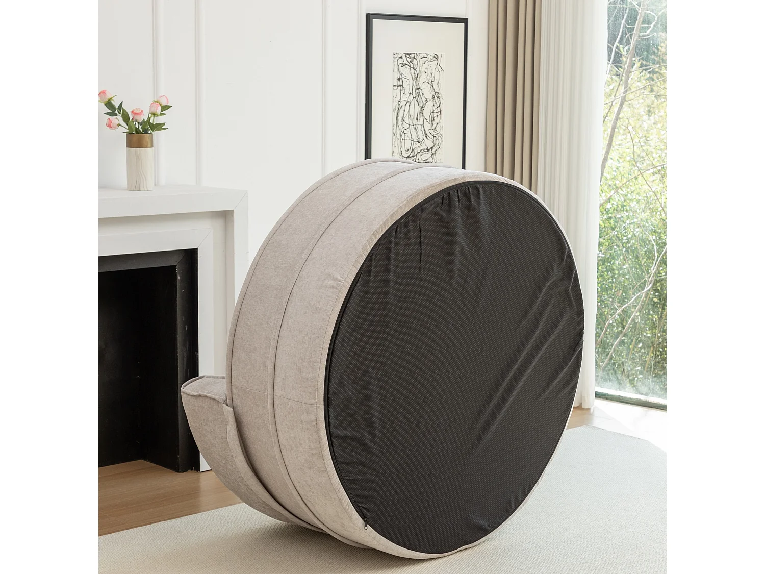 Canapé simple rond avec 5 coussins - Tissu chenille gris - Pour salon et chambre
