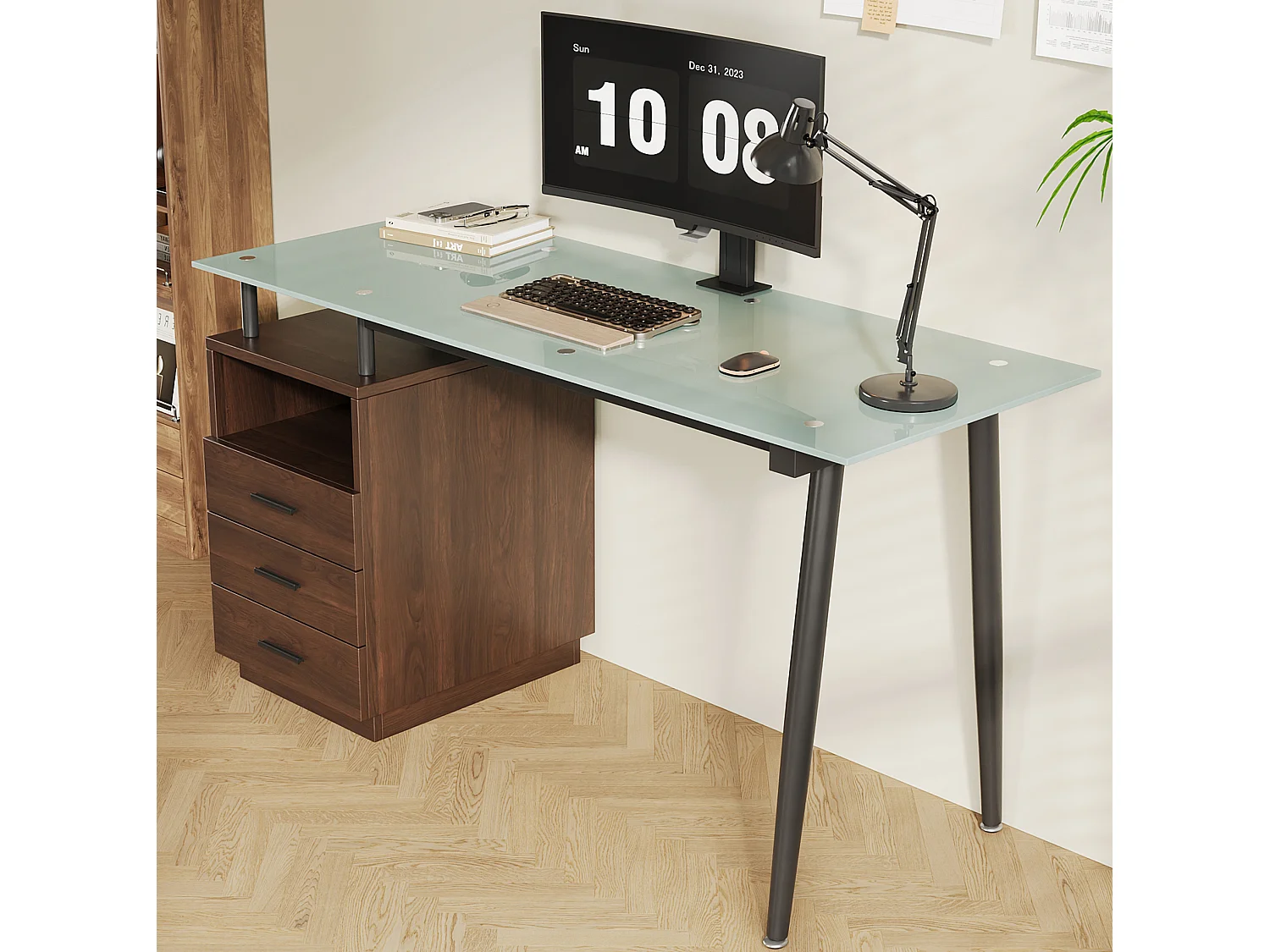 Bruin bureau (130 x 50 x 75 cm) met 3 lades en een glazen blad