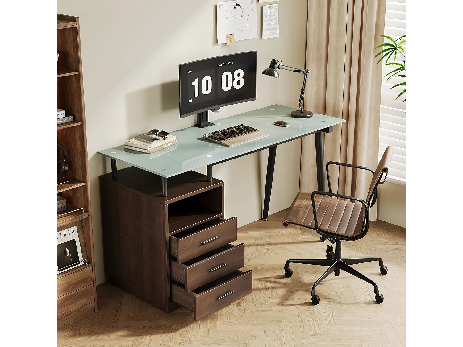 Bruin bureau (130 x 50 x 75 cm) met 3 lades en een glazen blad