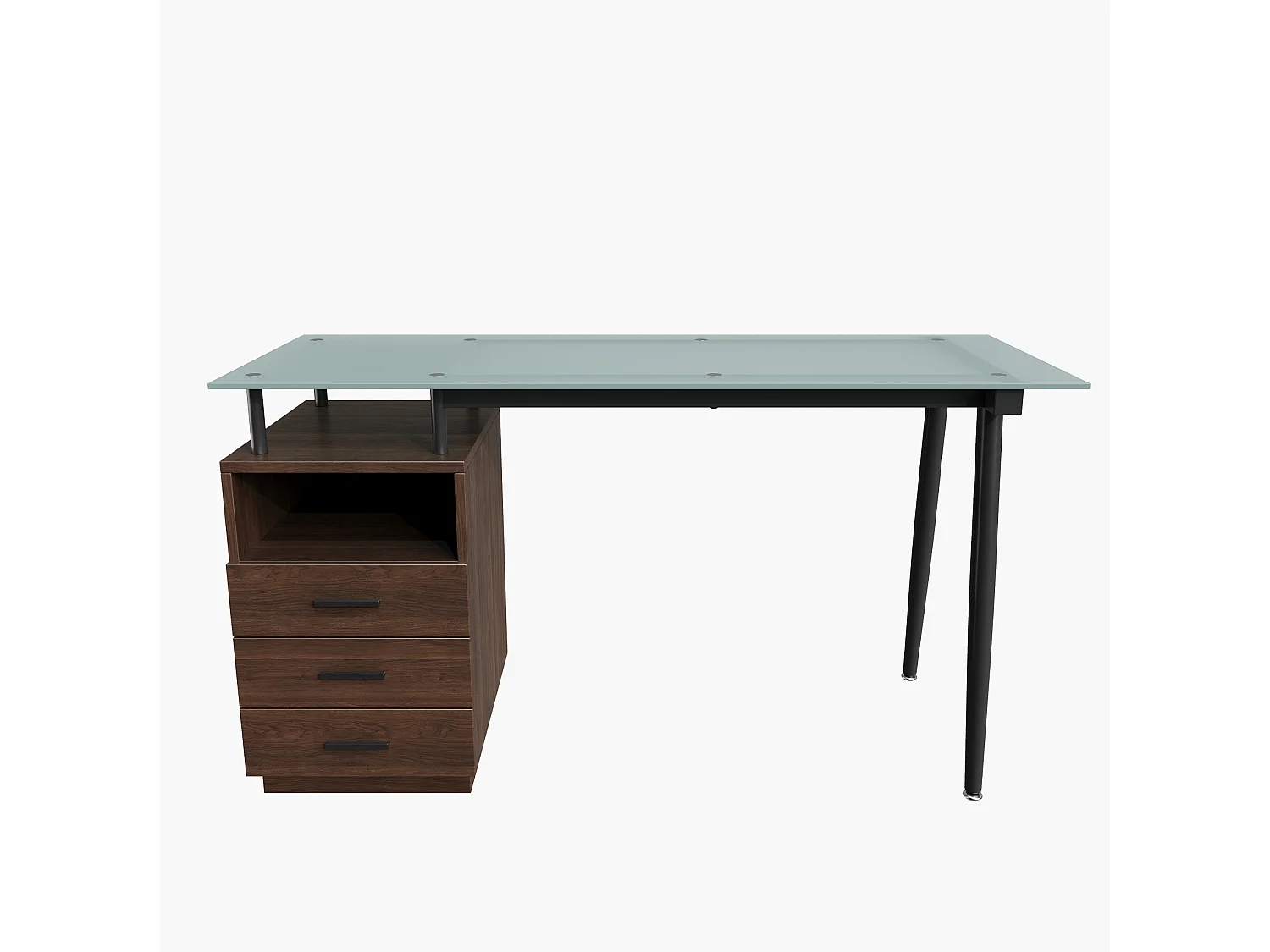 Bruin bureau (130 x 50 x 75 cm) met 3 lades en een glazen blad