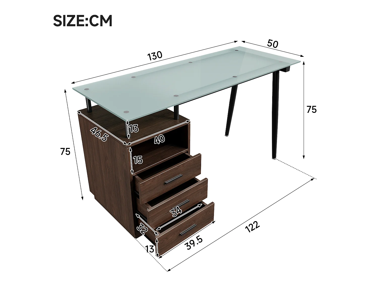 Bruin bureau (130 x 50 x 75 cm) met 3 lades en een glazen blad