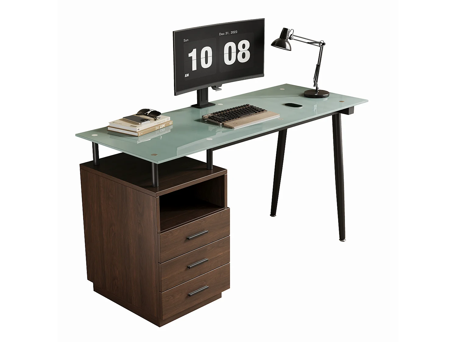 Bruin bureau (130 x 50 x 75 cm) met 3 lades en een glazen blad