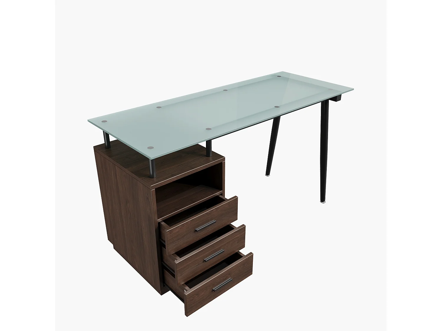 Bruin bureau (130 x 50 x 75 cm) met 3 lades en een glazen blad