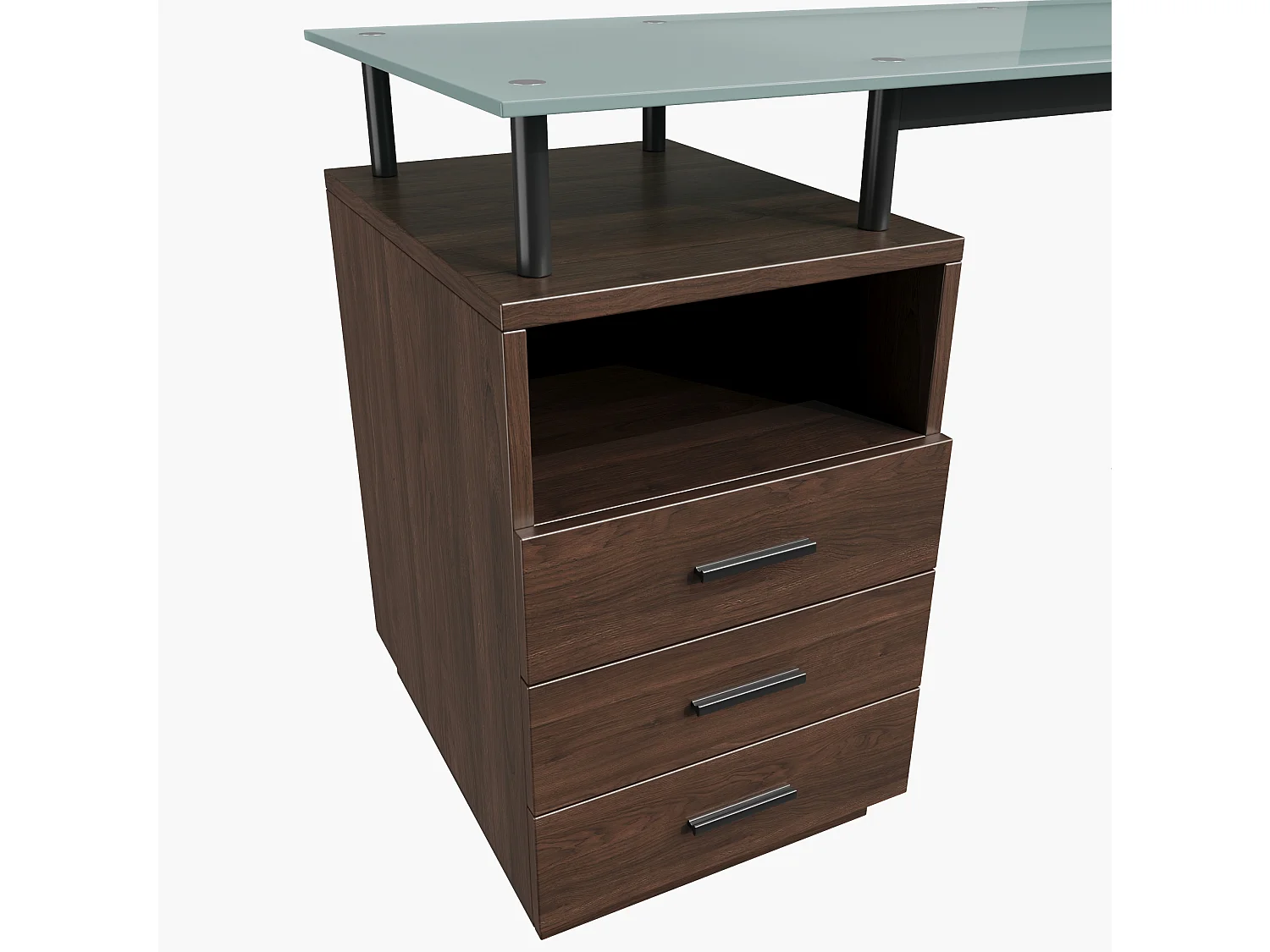 Bruin bureau (130 x 50 x 75 cm) met 3 lades en een glazen blad