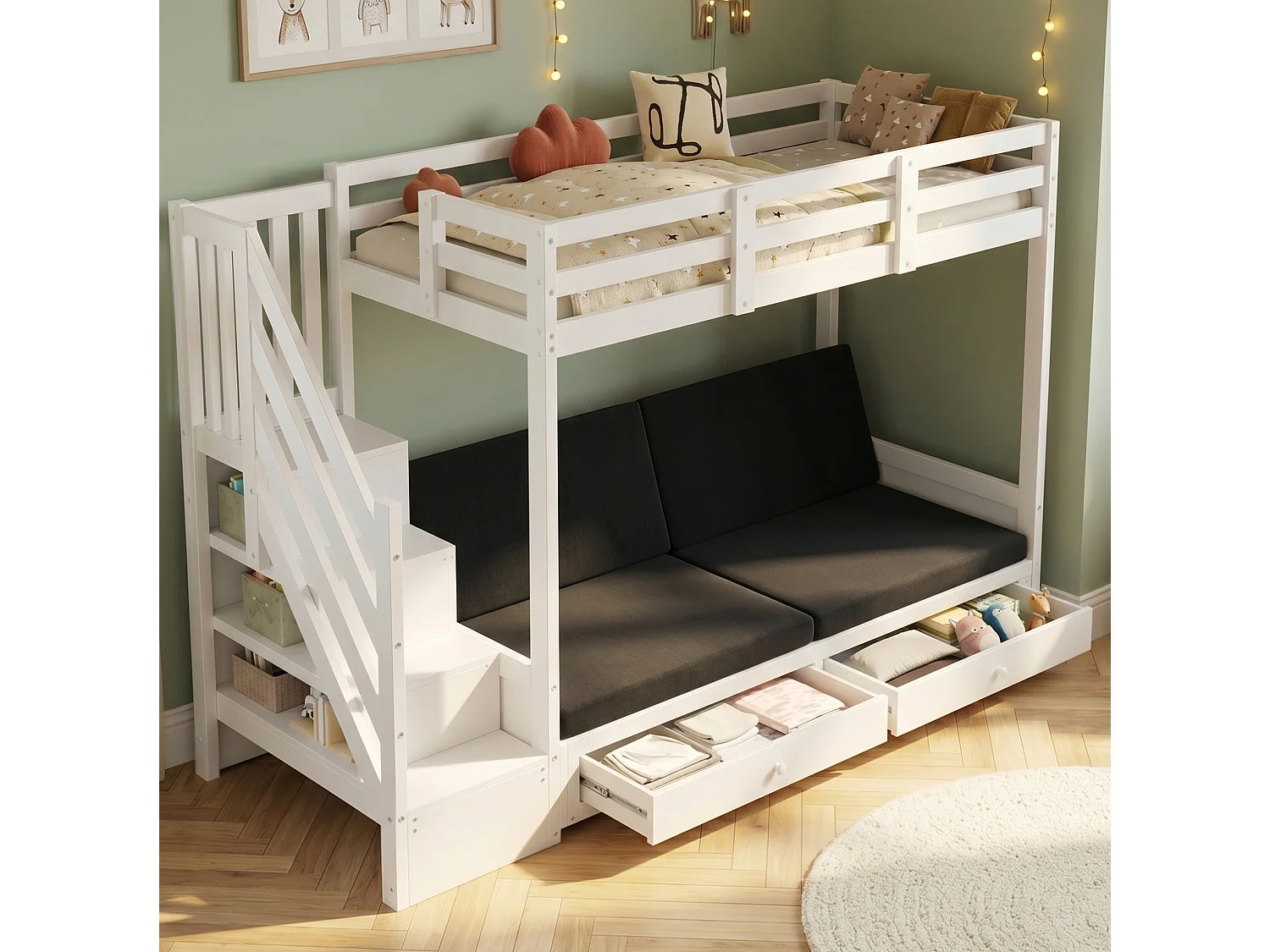 Lit superposé enfants 90 x 200 cm avec 2 tiroirs et coussins - Lit en bois MDF blanc
