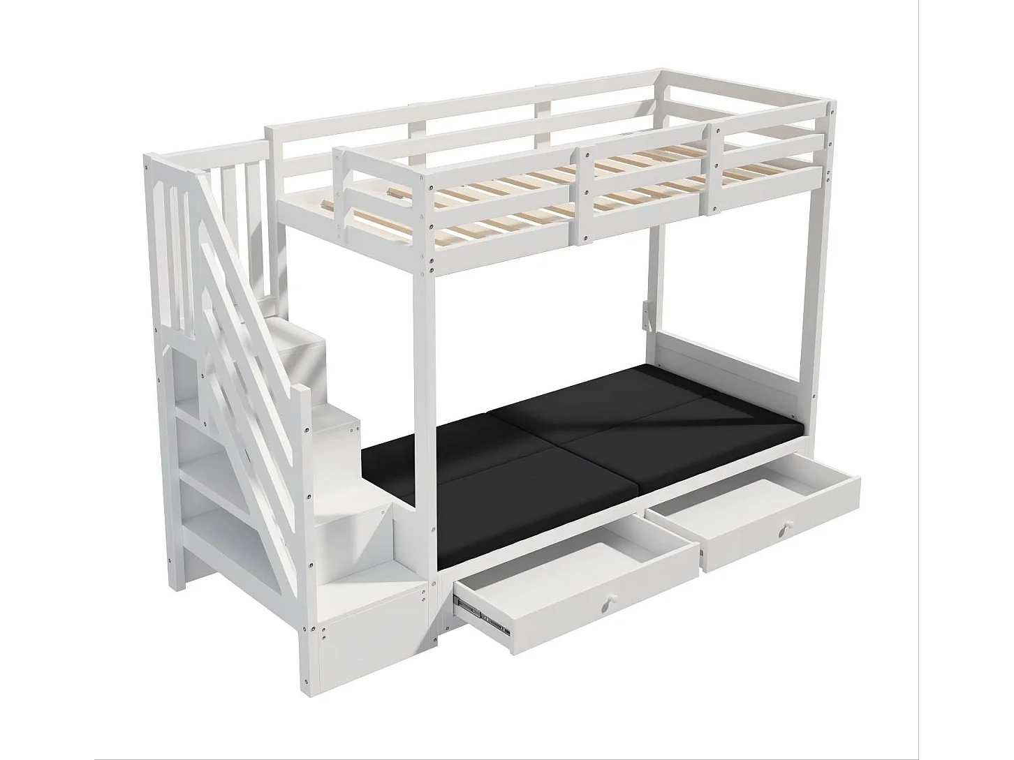 Lit superposé enfants 90 x 200 cm avec 2 tiroirs et coussins - Lit en bois MDF blanc