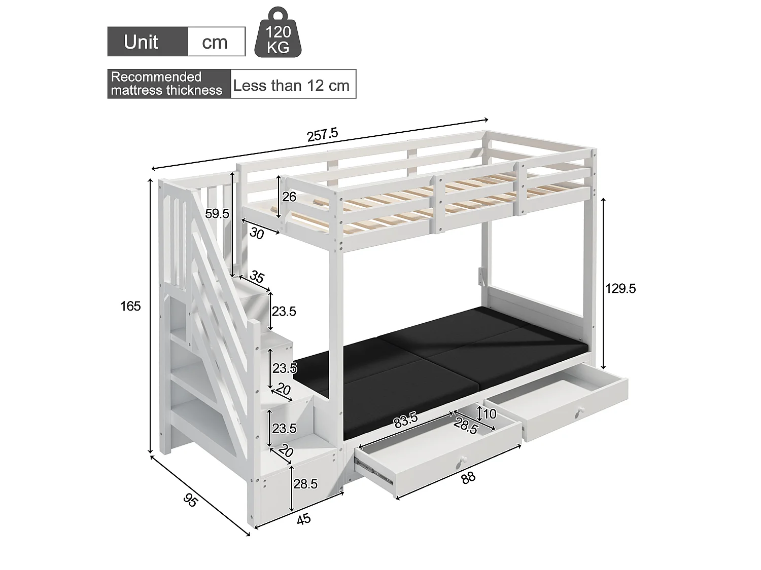 Lit superposé enfants 90 x 200 cm avec 2 tiroirs et coussins - Lit en bois MDF blanc