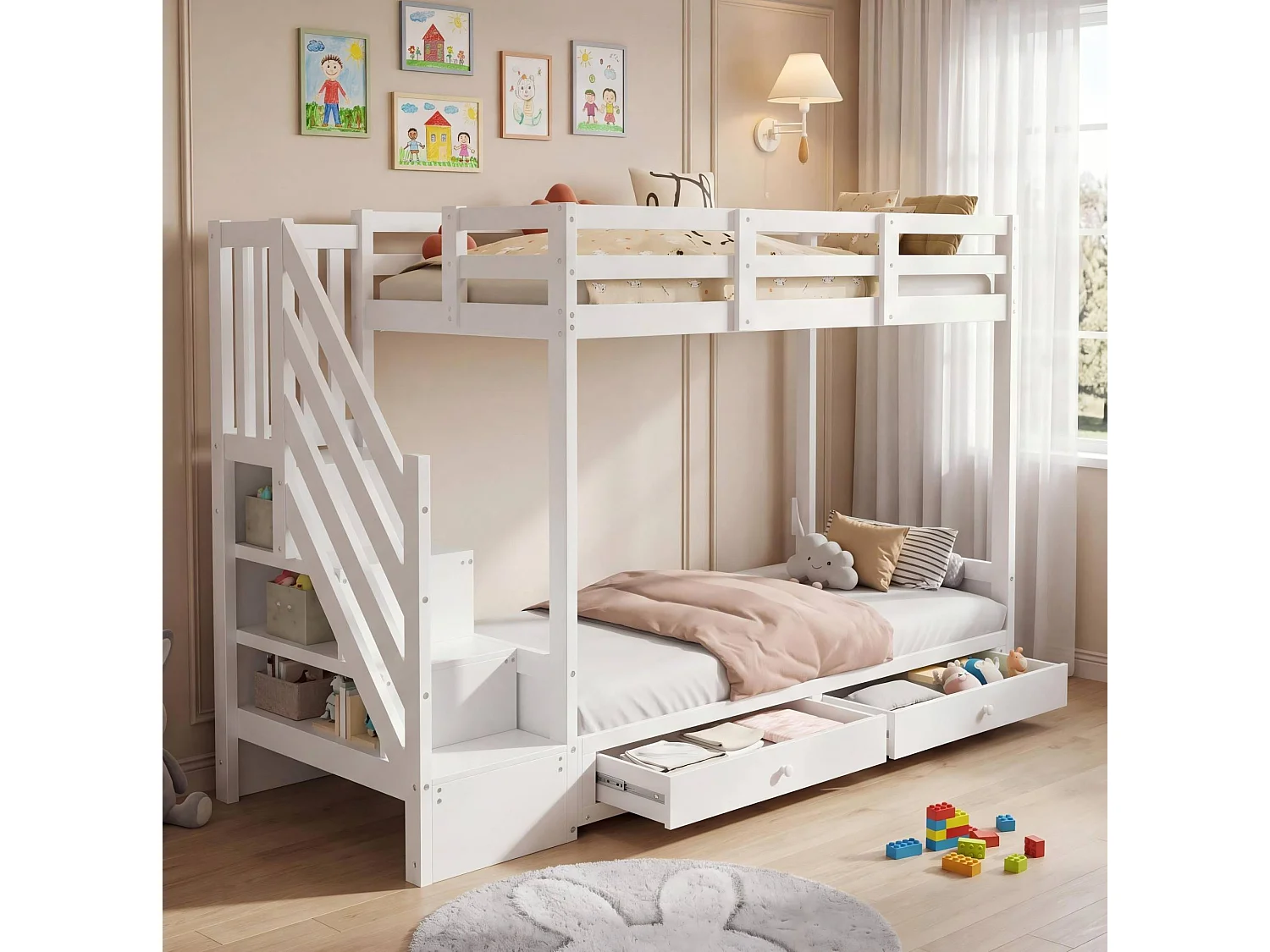 Lit superposé enfants 90 x 200 cm avec 2 tiroirs et coussins - Lit en bois MDF blanc