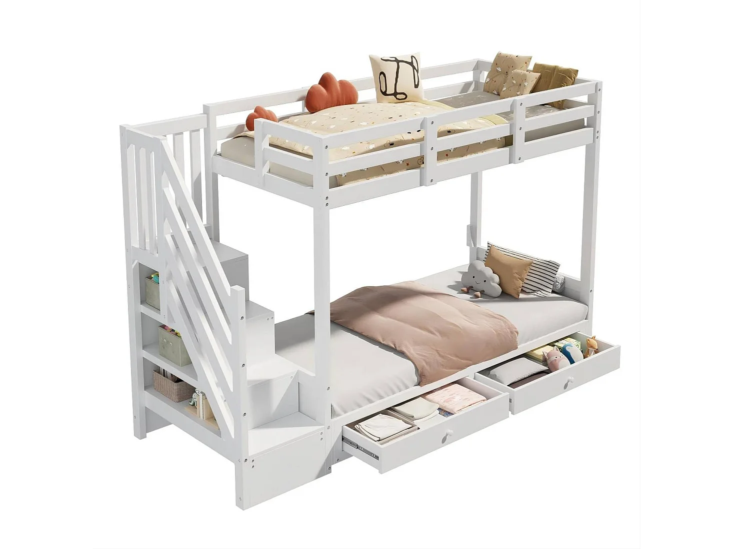 Lit superposé enfants 90 x 200 cm avec 2 tiroirs et coussins - Lit en bois MDF blanc