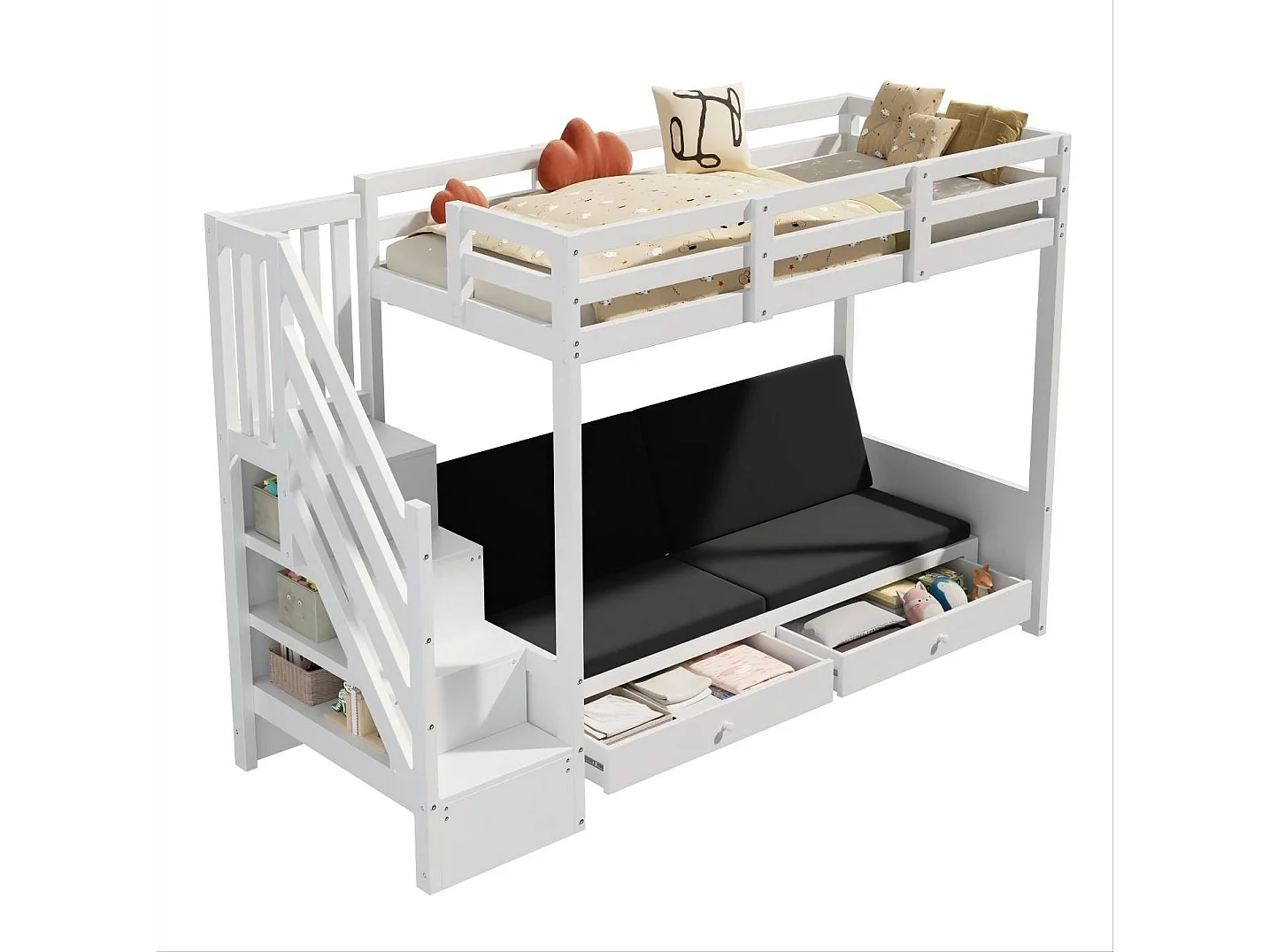 Lit superposé enfants 90 x 200 cm avec 2 tiroirs et coussins - Lit en bois MDF blanc
