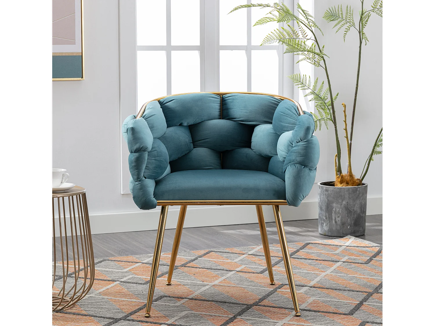 Chaise en velours bleu avec cadre en métal doré - Pour chambre, salon, salle à manger