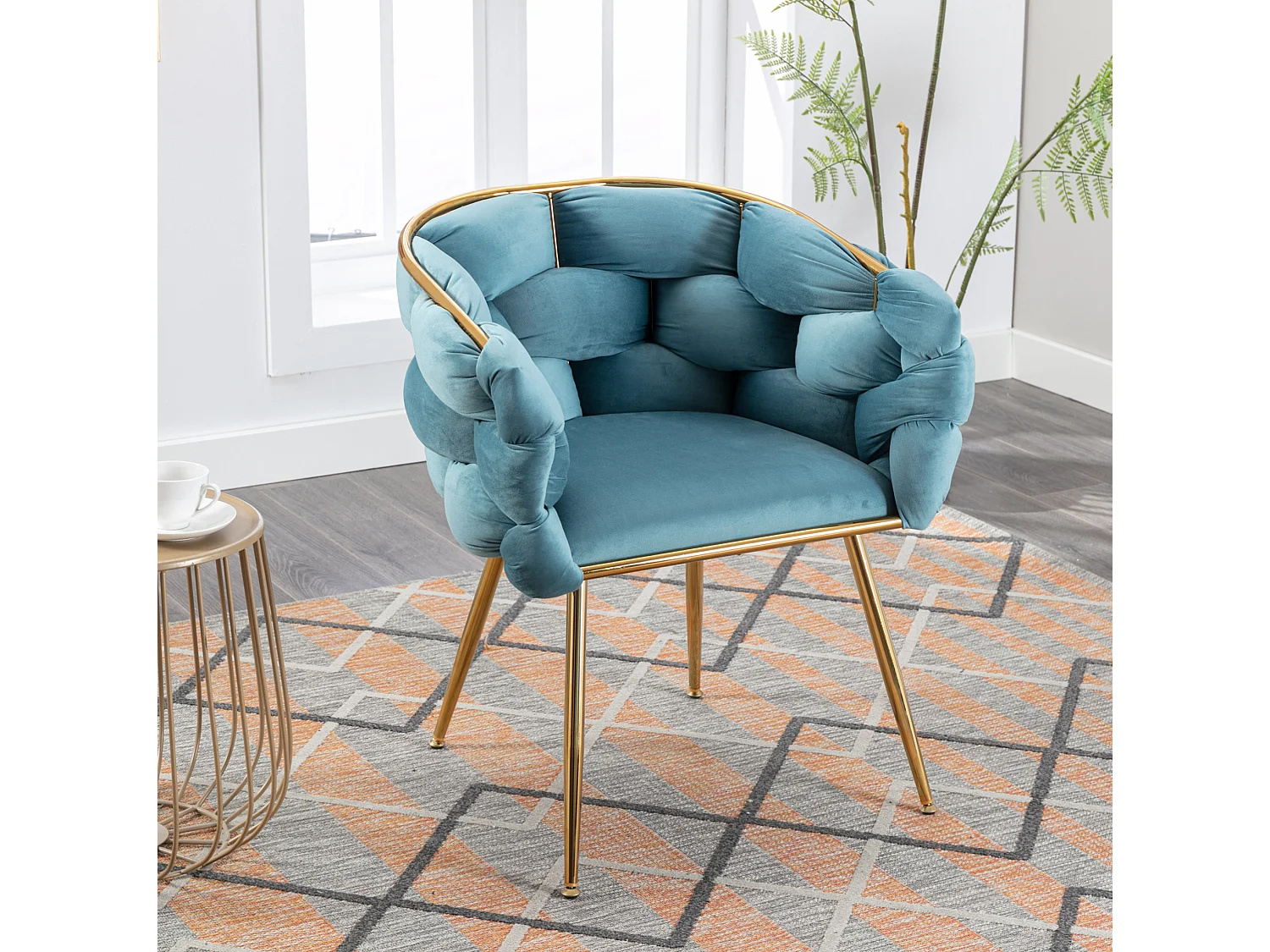 Chaise en velours bleu avec cadre en métal doré - Pour chambre, salon, salle à manger