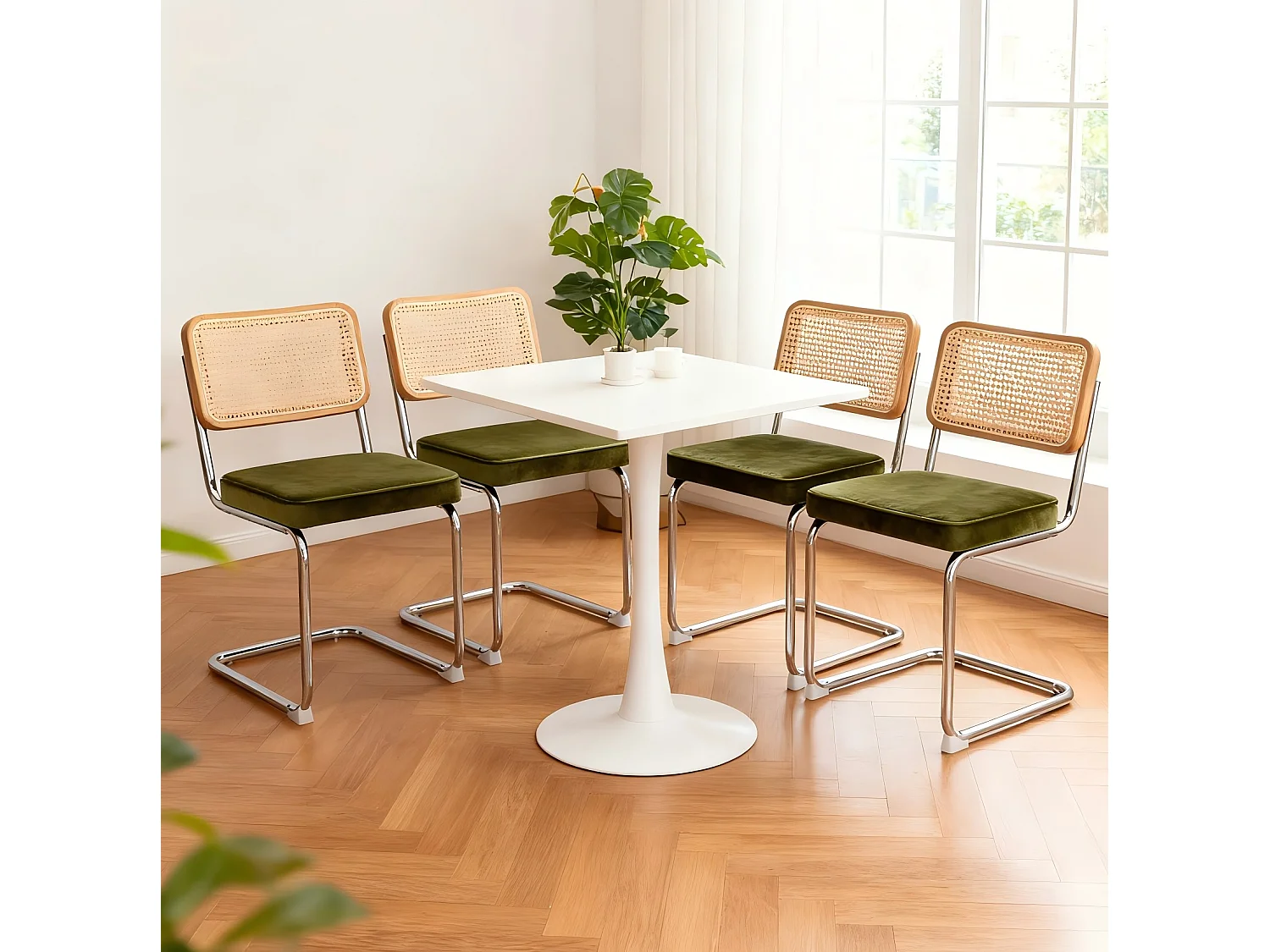 Lot de 4 chaises avec pieds chromés - Velours et rotin - Vert