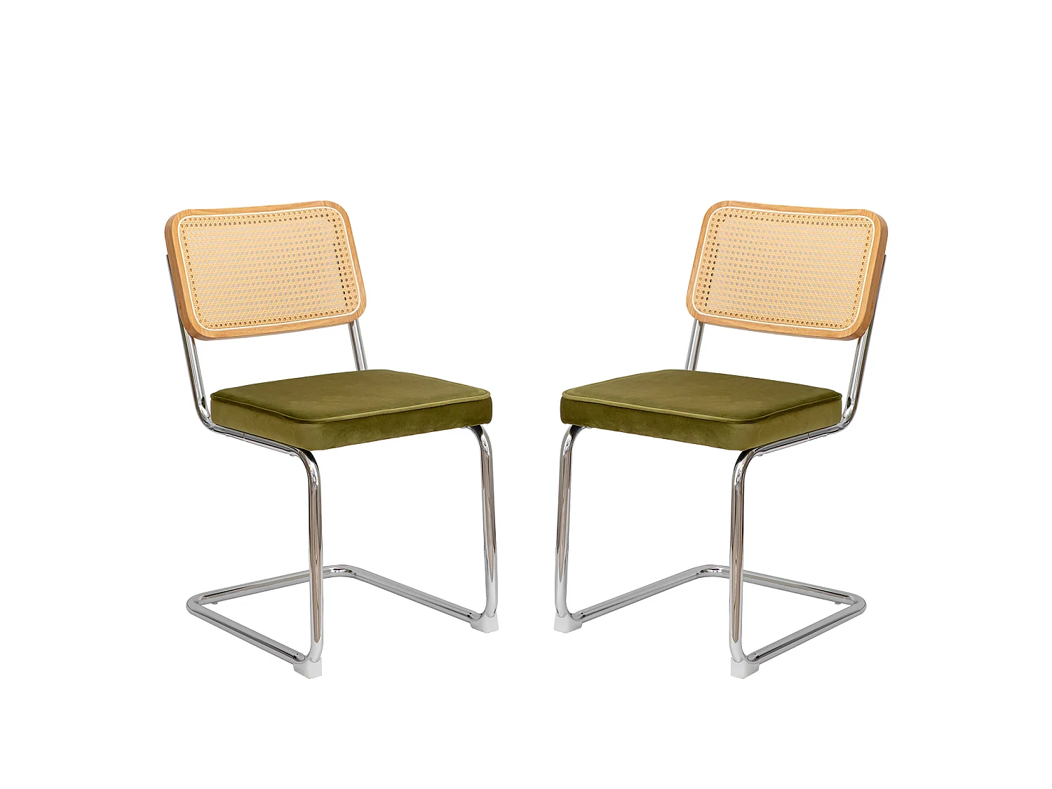 Lot de 4 chaises avec pieds chromés - Velours et rotin - Vert