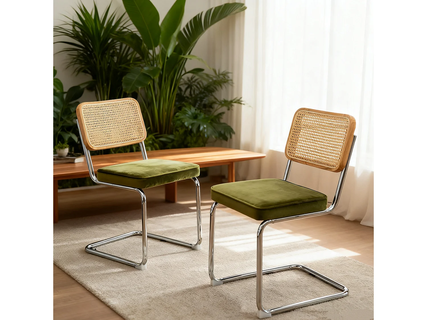 Lot de 4 chaises avec pieds chromés - Velours et rotin - Vert