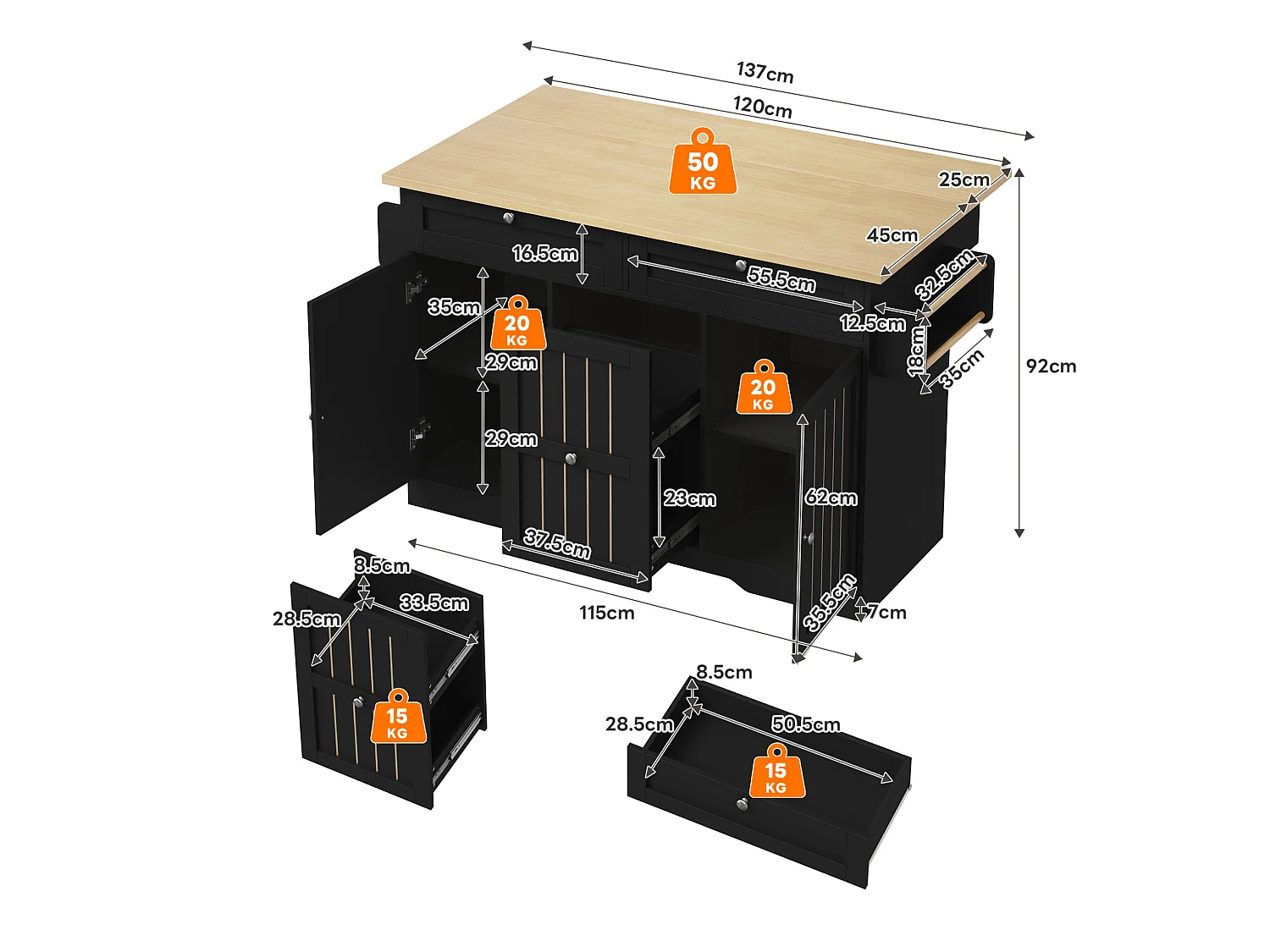 Isola cucina mobile con piano di lavoro pieghevole e 2 cassetti - Nera 137 × 45 (70) × 92 cm