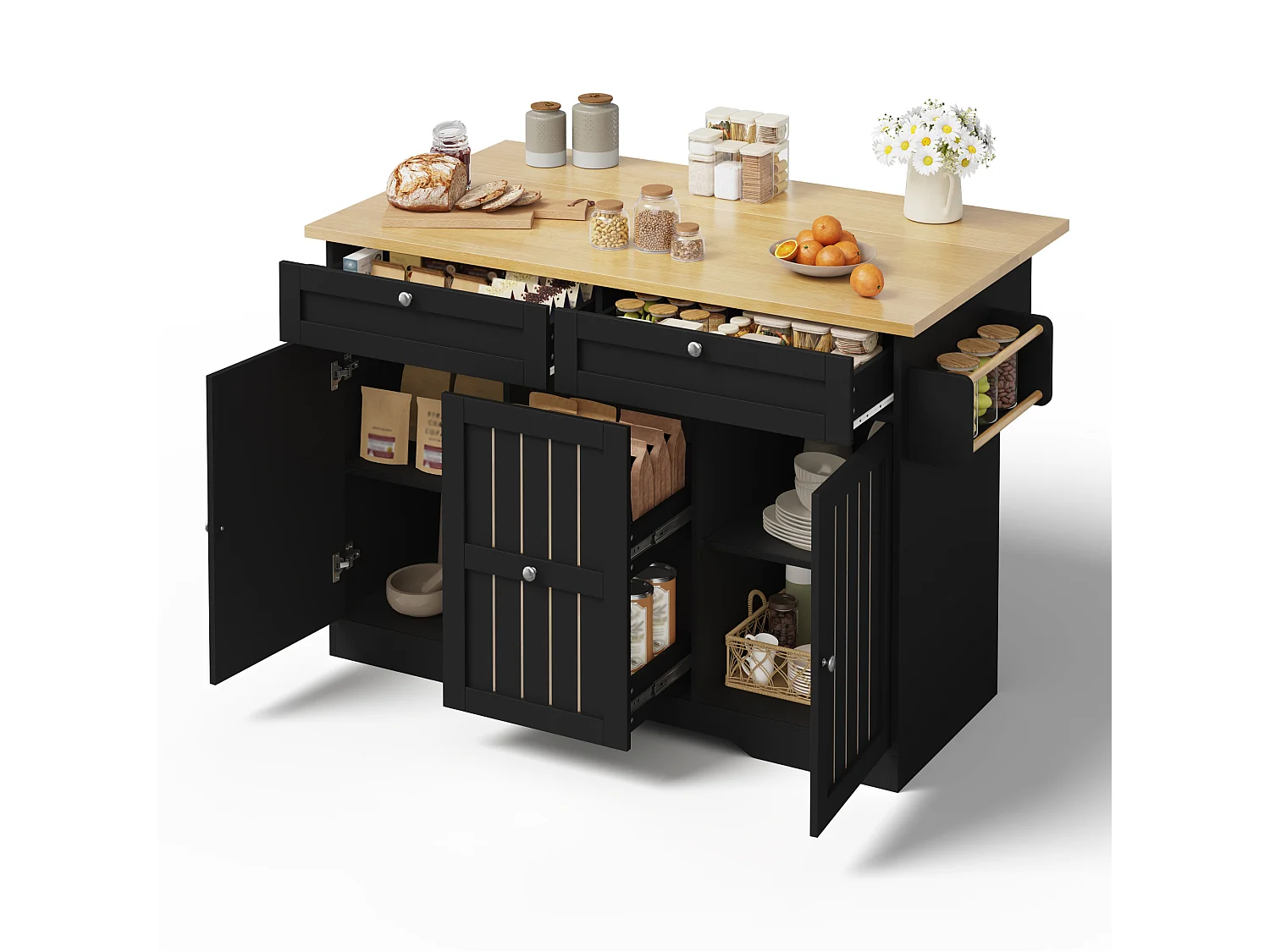 Isola cucina mobile con piano di lavoro pieghevole e 2 cassetti - Nera 137 × 45 (70) × 92 cm