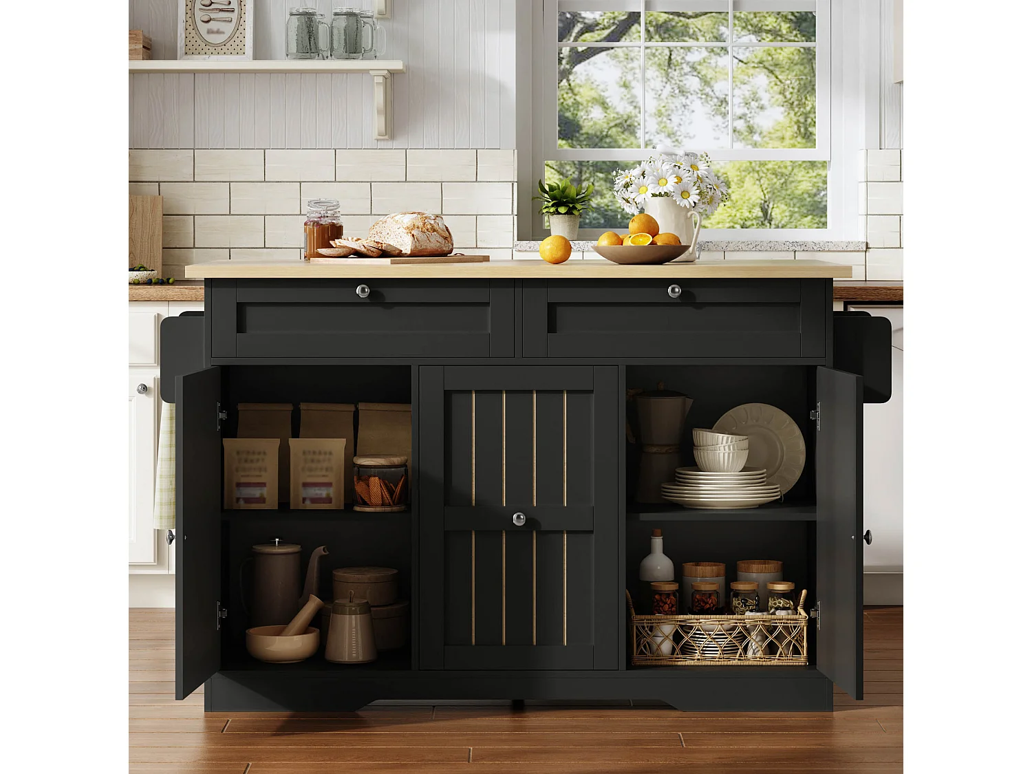 Isola cucina mobile con piano di lavoro pieghevole e 2 cassetti - Nera 137 × 45 (70) × 92 cm