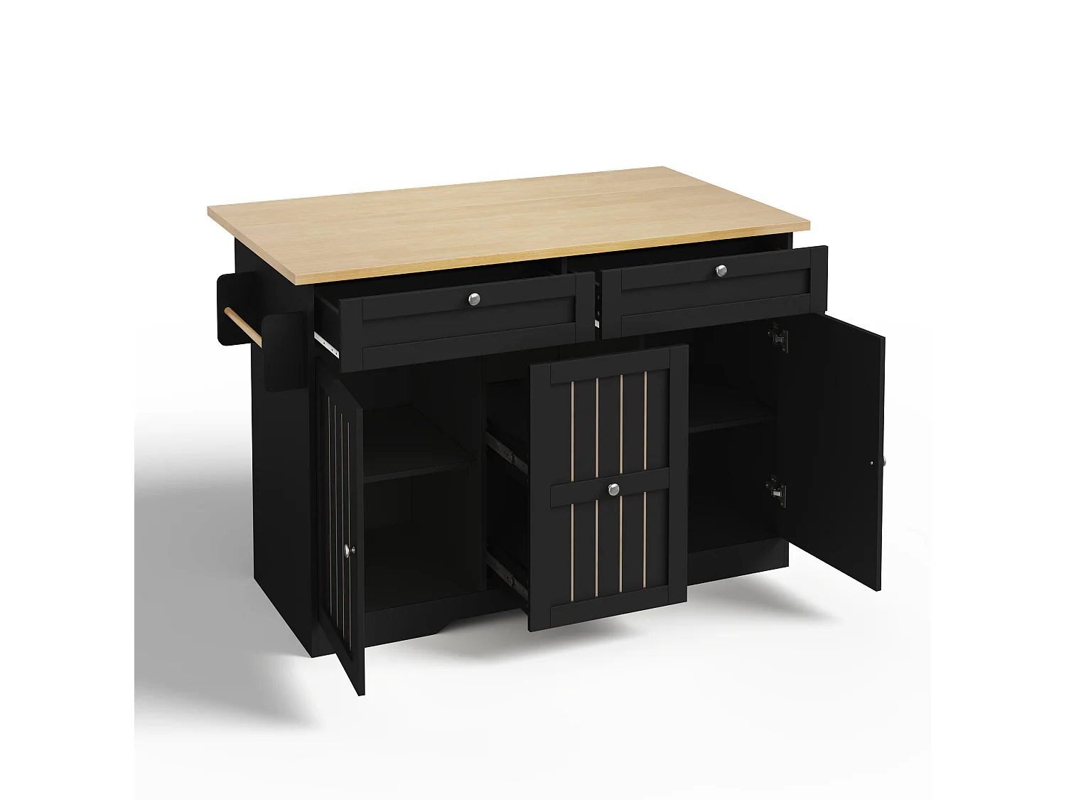 Isola cucina mobile con piano di lavoro pieghevole e 2 cassetti - Nera 137 × 45 (70) × 92 cm