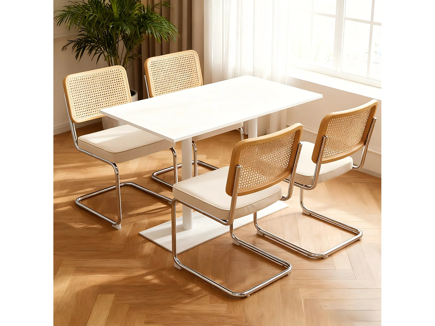 Lot de 4 chaises avec pieds chromés - Velours et rotin - Beige